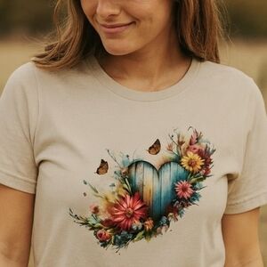 Rustic Blue Heart Floral Tee | Country Boho Butterfly Shirt | Women’s Graphic